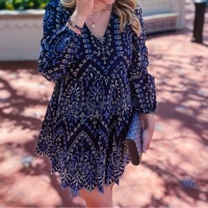 Tuckernuck Sail to Sable Blue Embroidery Eyelet Tiered Dress: L